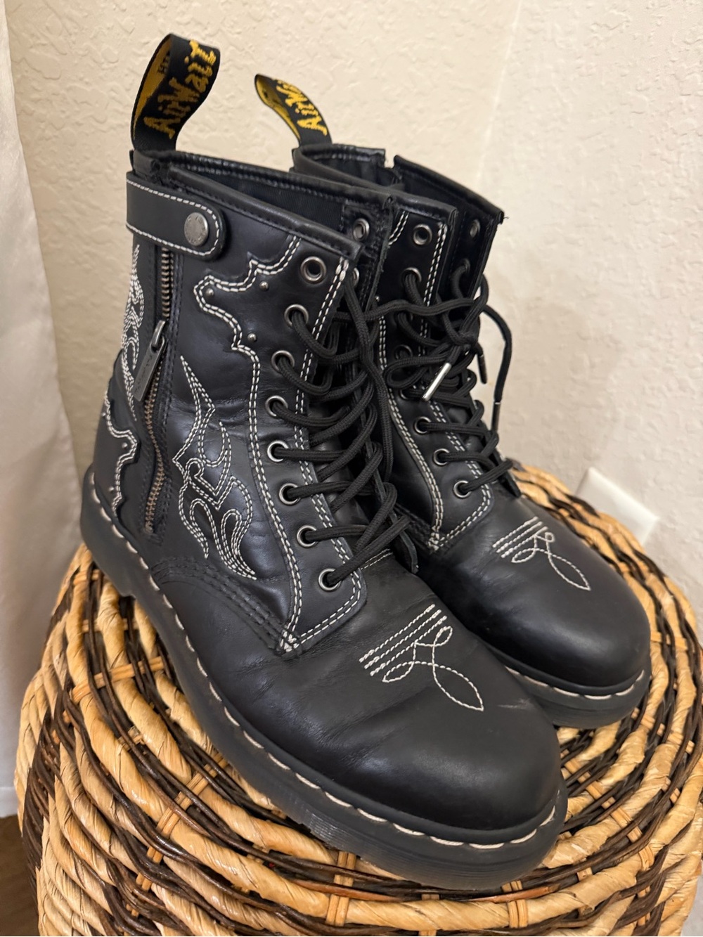 Dr. Martens Black Leather Lace-Up Boots with White Stitching